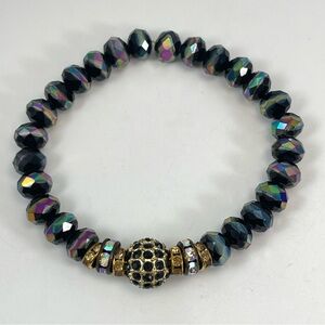 Stunning Unsigned Dark Rainbow Glass Faceted Beaded Stretch Bracelet Rhinestones